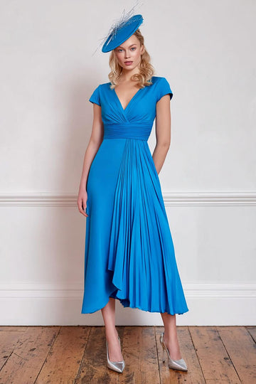 Blue A-Line Ruched Midi Mother Of The Bride Dress